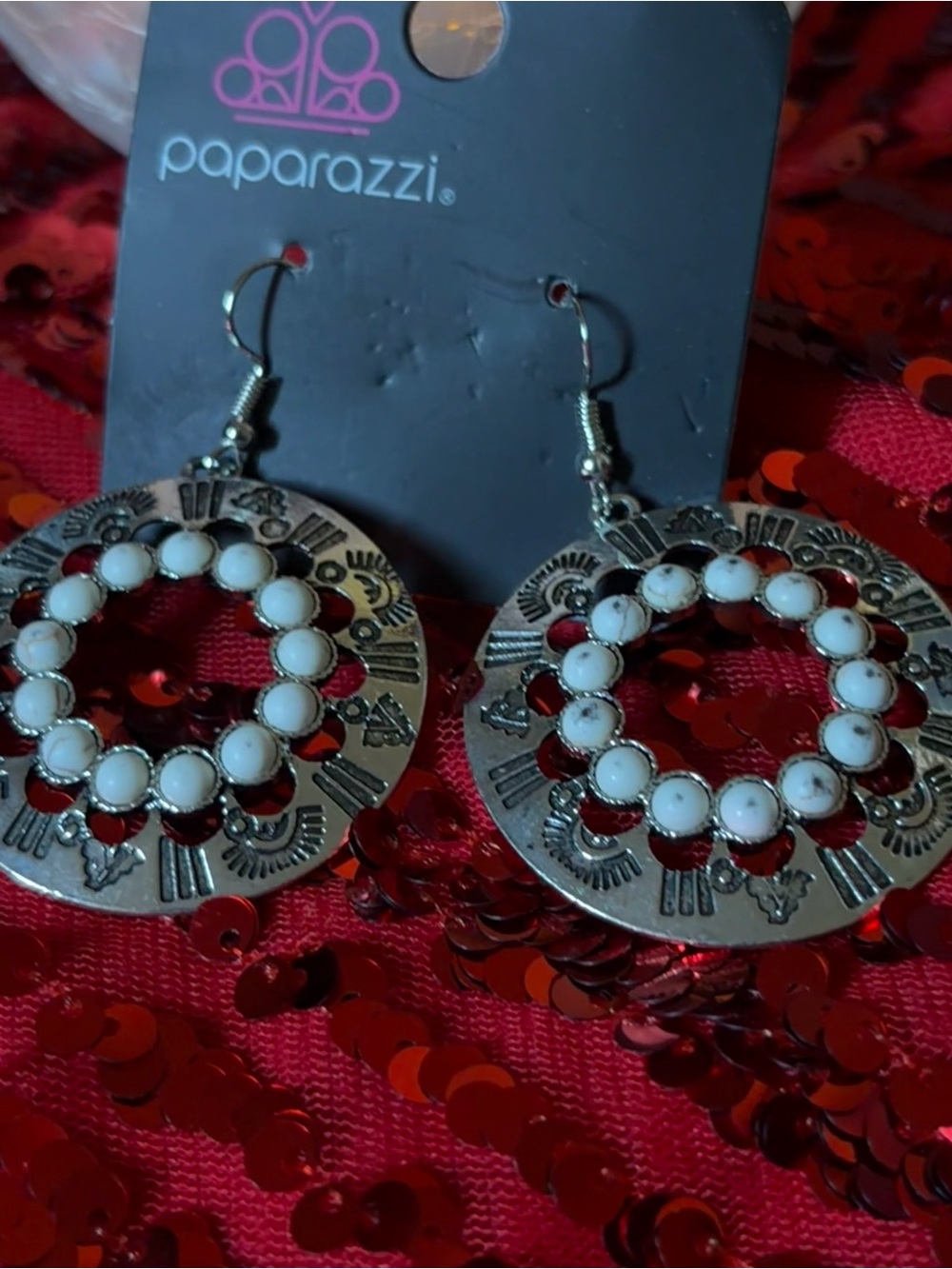 paparazzi Silver Hoop Earrings with White Beaded Circle